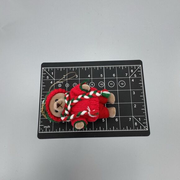 Vtg Flocked Articulated Teddy Bear Sweater Outfit Christmas Ornament 5" T READ - Picture 2 of 8